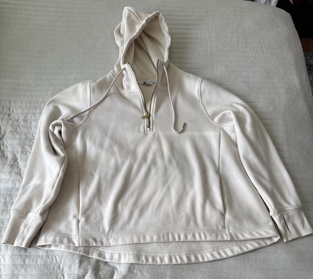 Athleta Hooded Womens LG Cream Cozy Karma 1/4 Zip Fleece Pullover Sweatshirt