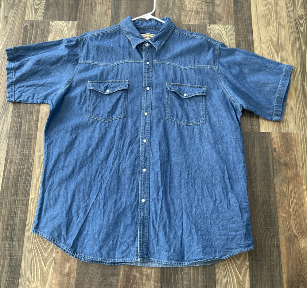 Bit Bridle Denim Pearl Snap Shirt Men Big 2X Blue Short Sleeve Western