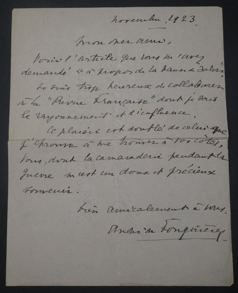 André de FOUQUIÈRES, man of letters - AUTOGRAPH LETTER SIGNED 1923