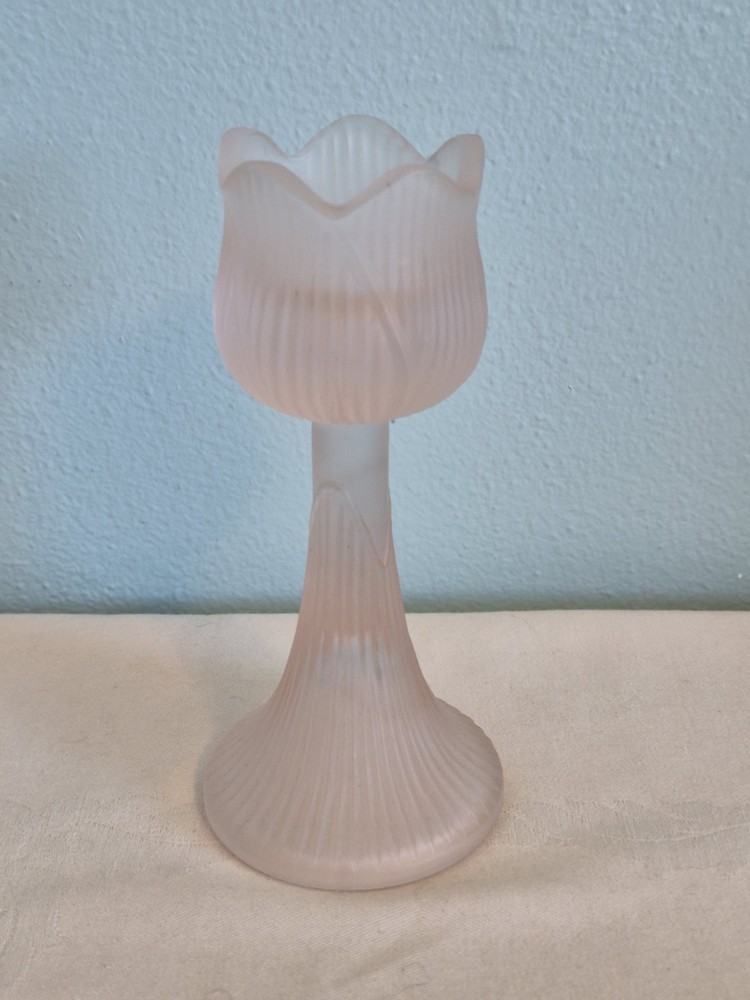Pink Frosted Glass Tulip Candle Holder Vintage