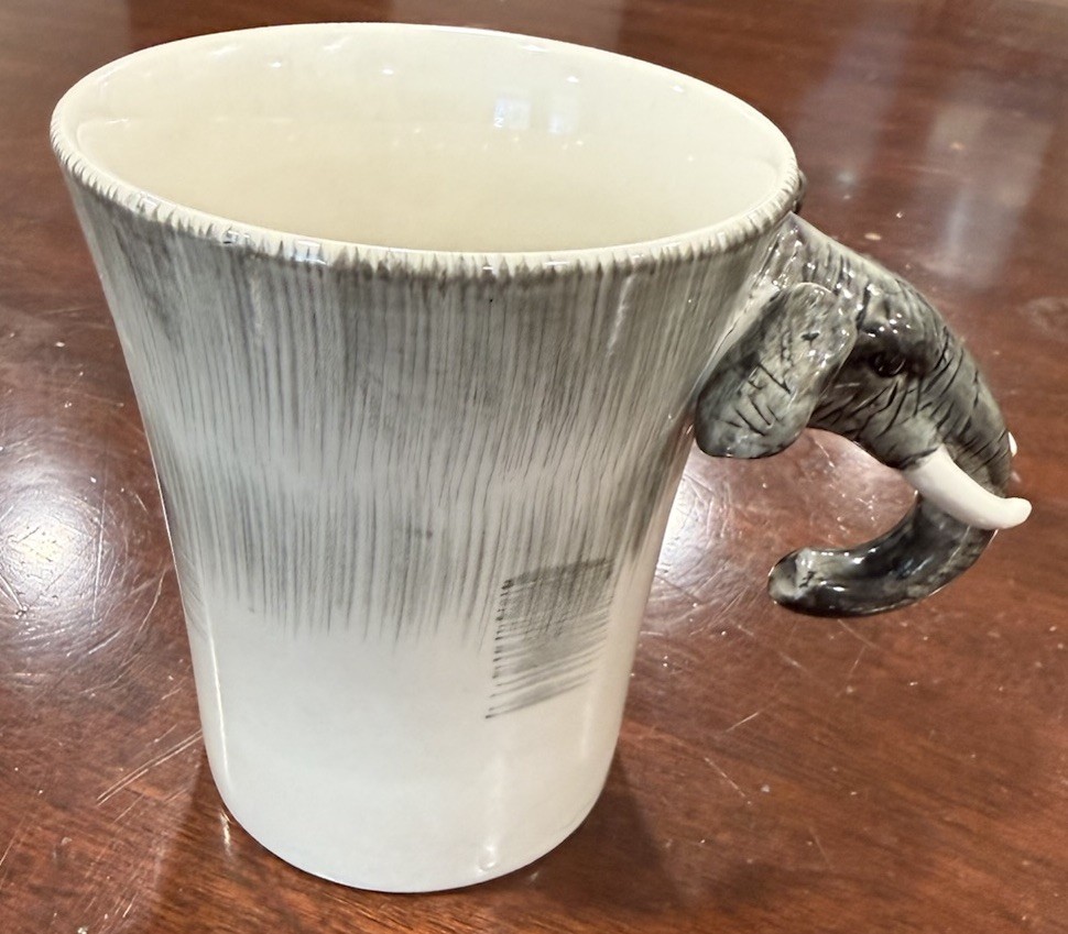 Pier 1 One Imports 3D Elephant Head Handle Coffee Mug Tea Cup 16 oz Gray White