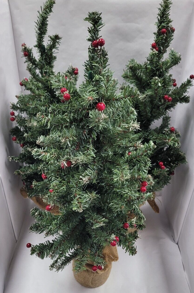 3 Pine Tree Decorations 24in Christmas Cranberry Holiday Entryway Table Centerpiece