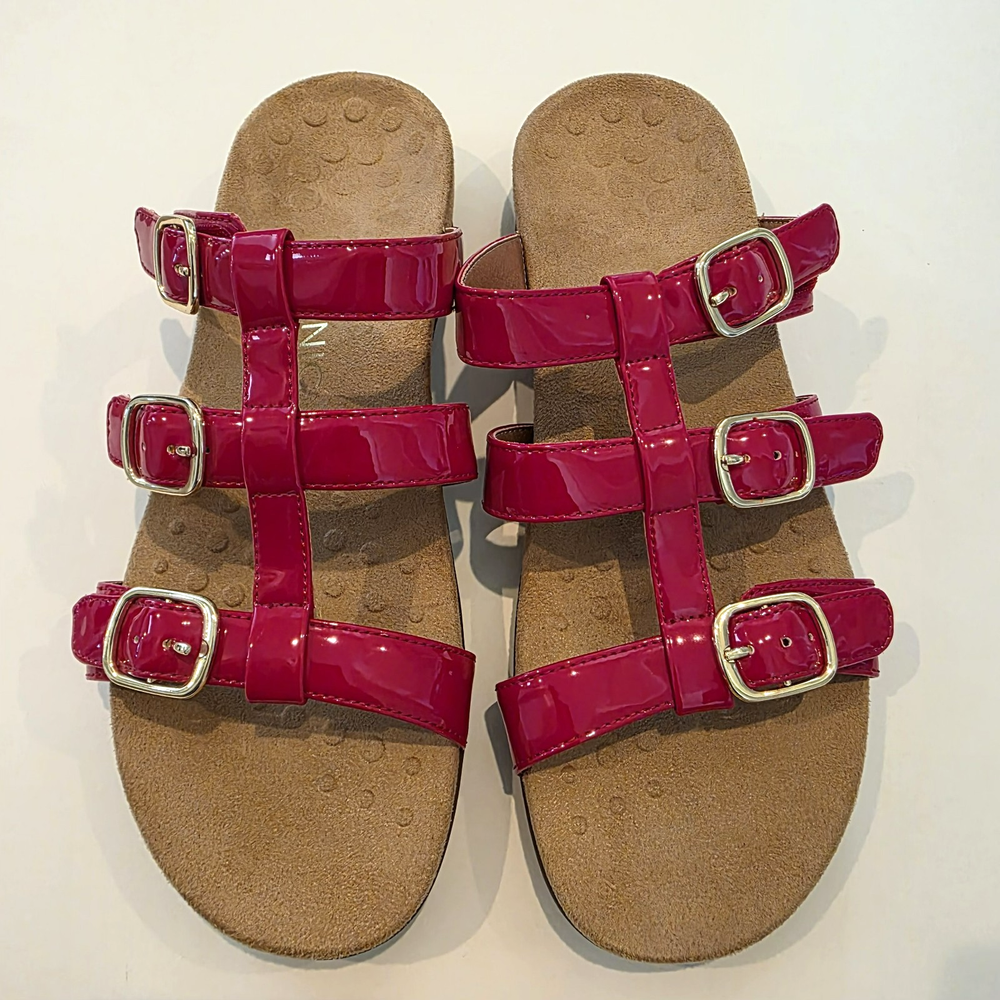 Vionic Misa Womens Size 10 Red Patent Slides with Adjustable Buckle Straps