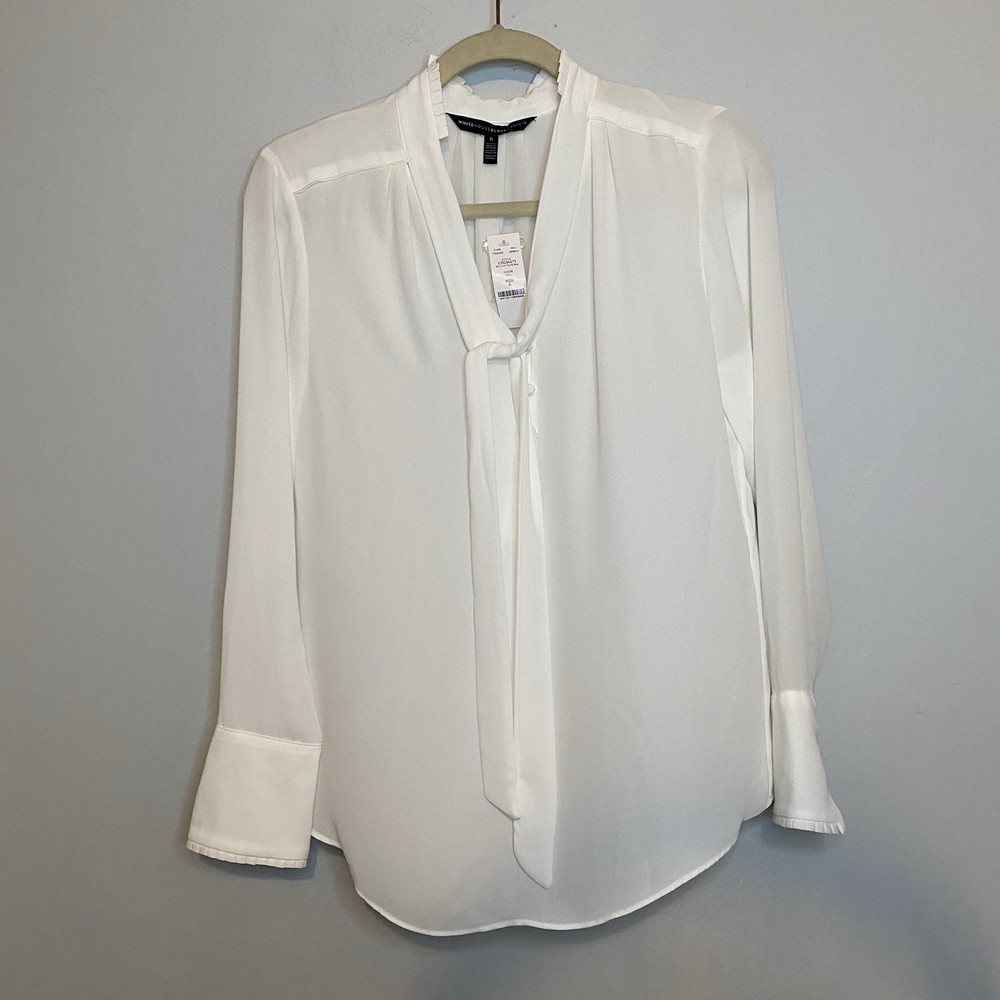 WHBM White House Black Market Button Front Tie Neck Top White Size 6 NWT