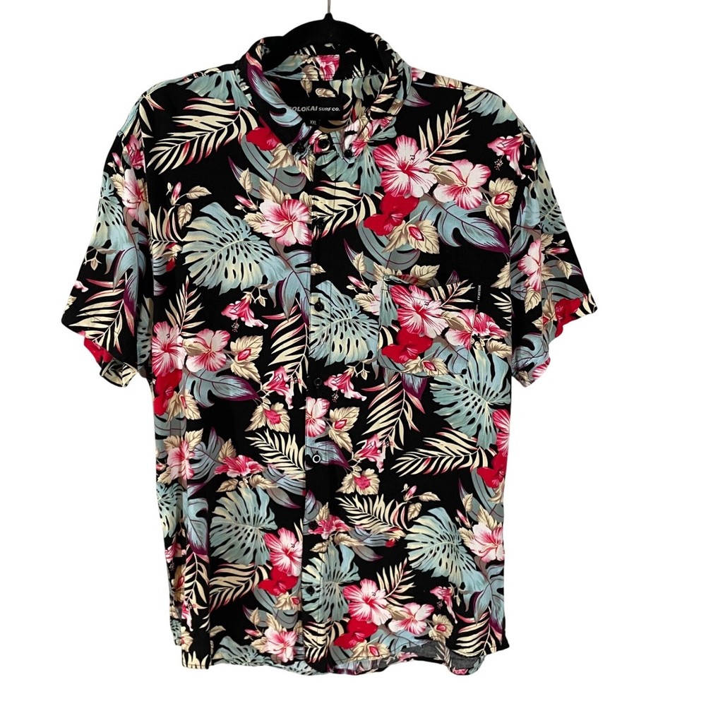 Molokai Surf Co Men XXL Hawaiian Shirt Black Tropical Floral Monstera Leaf Print