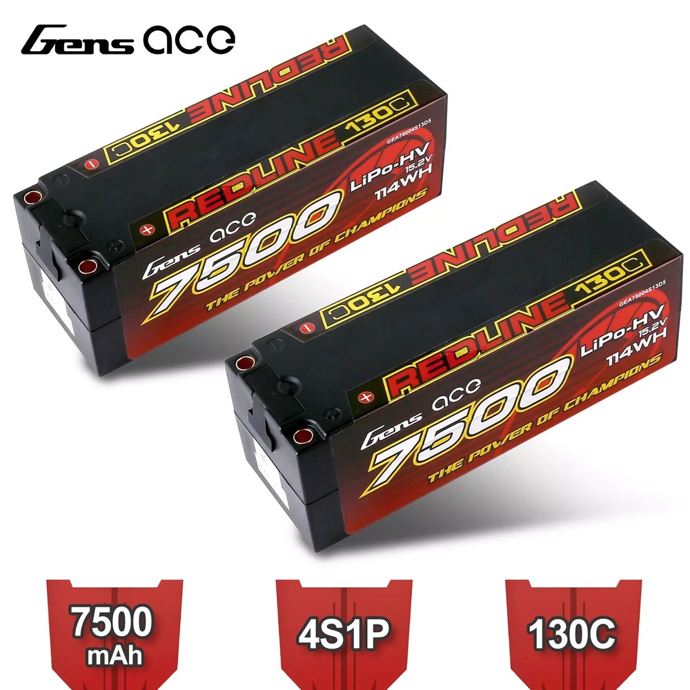 2x Gens Ace 7500mAh 4S HardCase 130C 15.2V Lipo RC Car Truck Battery w/ Deans-image