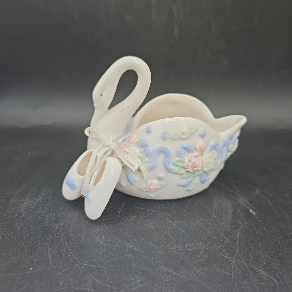 VTG Ceramic Swan Roses Bows Ballet Slippers Trinket  Sponge Dish Planter Decor