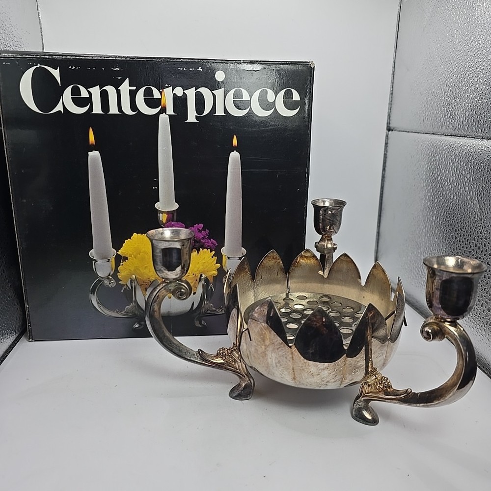 VTG Leonard Towle Silverplate Centerpiece Triple Candle Holder Lotus Flower Frog