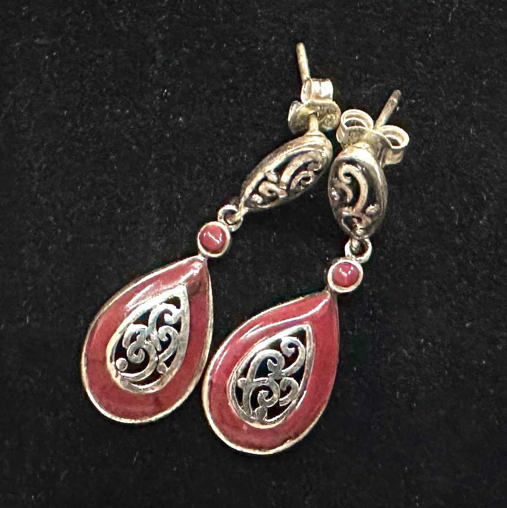 Vintage Red Dangle Earrings MARKED 925 Sterling Silver Jewelry Lot H