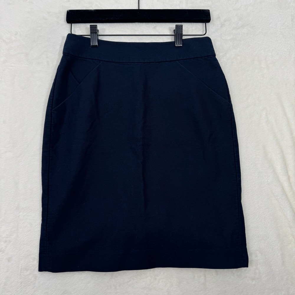 J.Crew Pencil Skirt Womens 0 Navy Blue 37415 Cotton Twill Knee Length Pockets