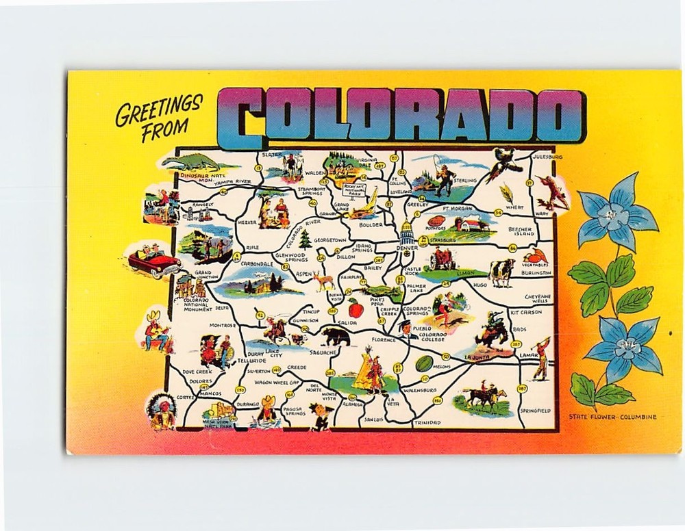 Postcard Greetings From Colorado Map State Flower Columbine Denver Boulder