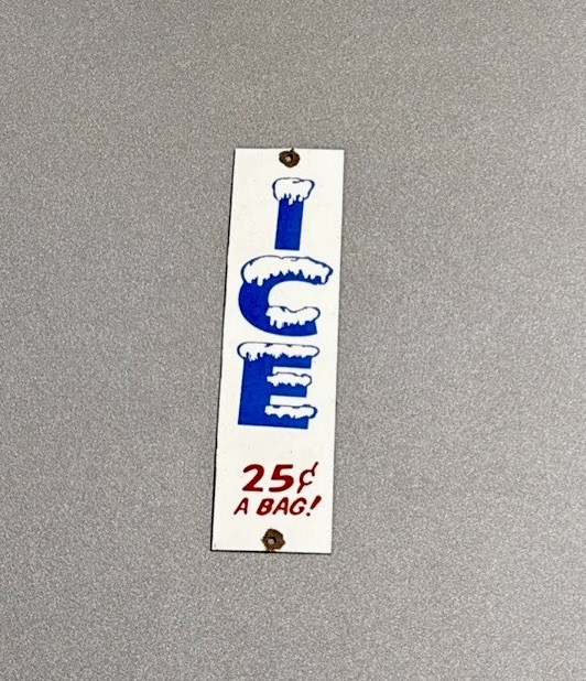 Vintage 12” Ice Machine Bags Porcelain Sign Car Oil Gas Motorcycle