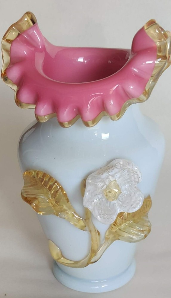 Victorian Art Glass Vase Applied Flowers Pink White Czech Bohemian 7