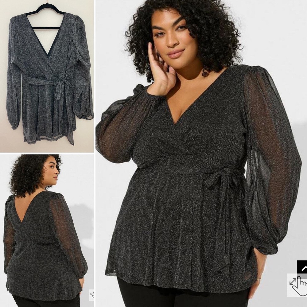 NWT Torrid Black Shimmer Romantic Holiday Sparkle Glitter Peplum Top 2X
