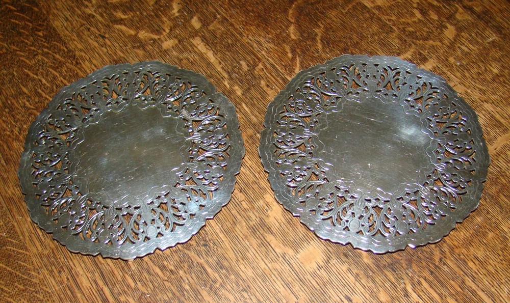 2 Vtg Footed Silver Plate Ornate Floral Round 7” Denmark Trivet Table Protector