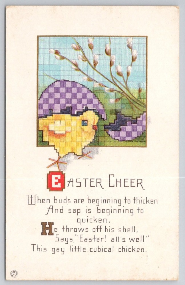 Vintage Easter Cheer Cubical Chick Pussy Willows Postcard Unposted Made in USA