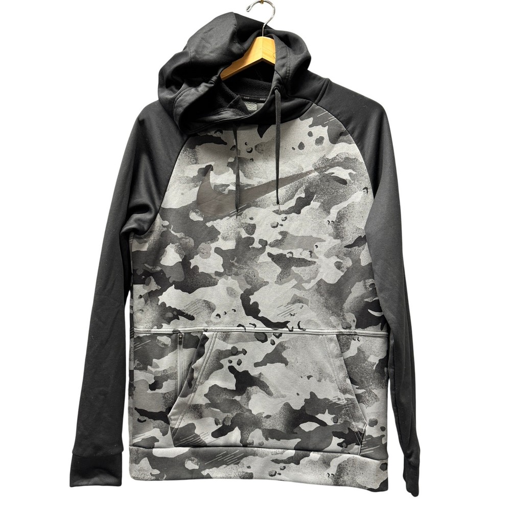 Nike Hoodie Mens Small Black Gray Camo Dri-Fit Pullover Standard Fit