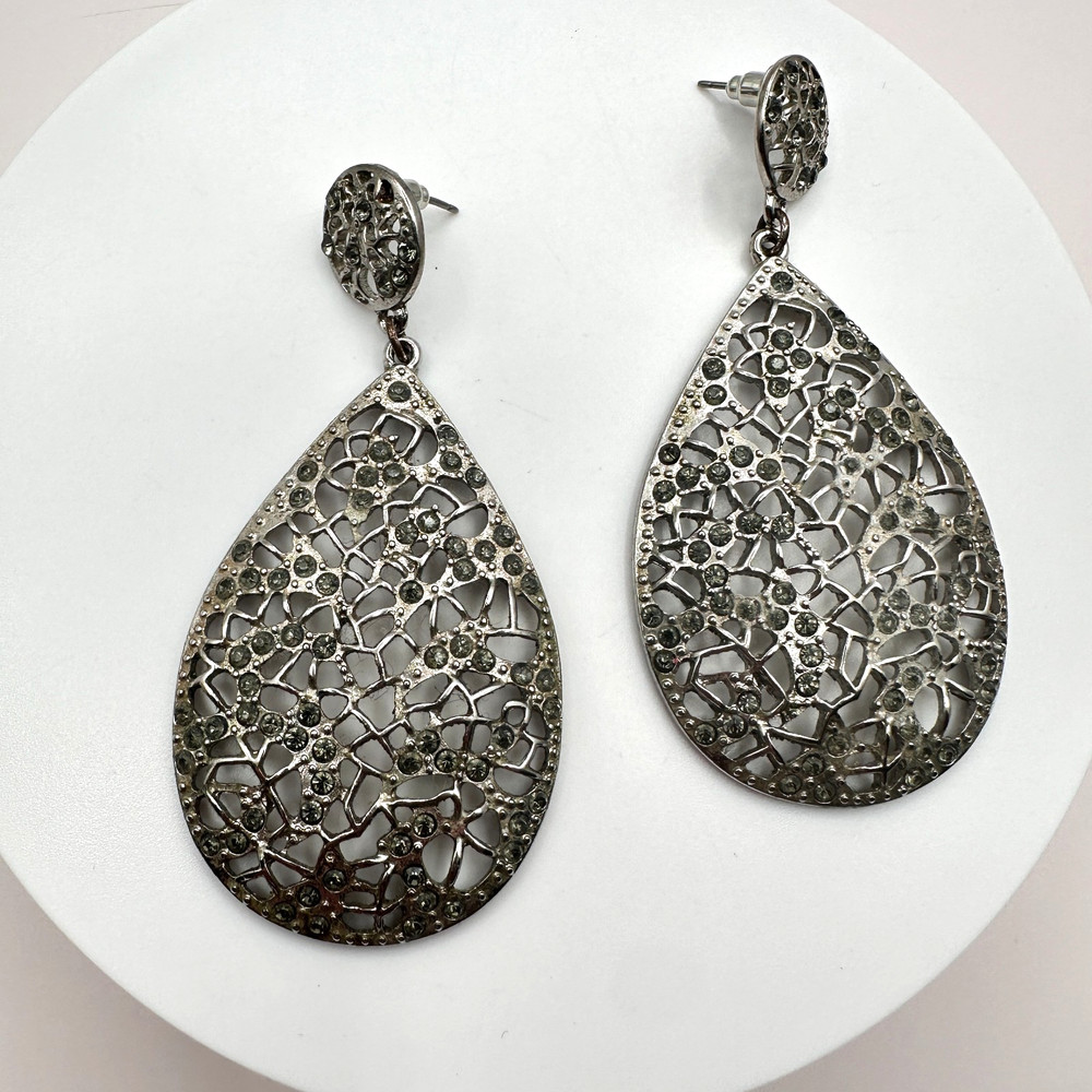 Vintage 80s Smokey Grey Crystal Teardrop Earrings Silver Tone Women's Jewelry