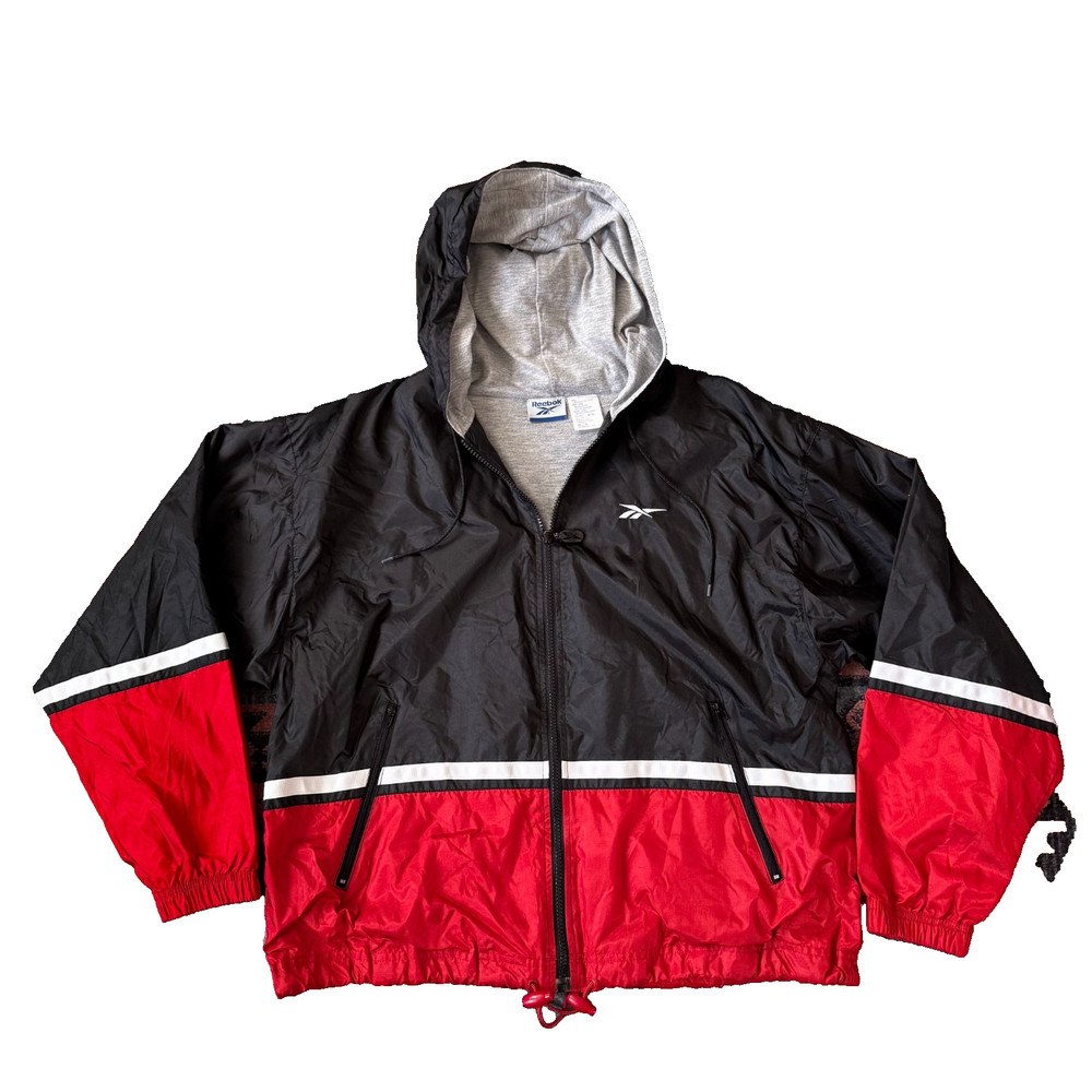 Vintage Reebok Windbreaker Jacket Mens L Red Black Colorblock Retro 90s Outdoor