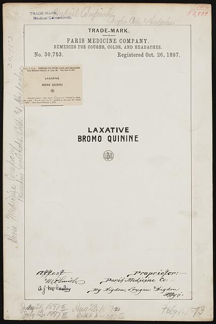 Paris Medicine Company for Laxative Bromo Quinine brand Remedies for Coughs,
