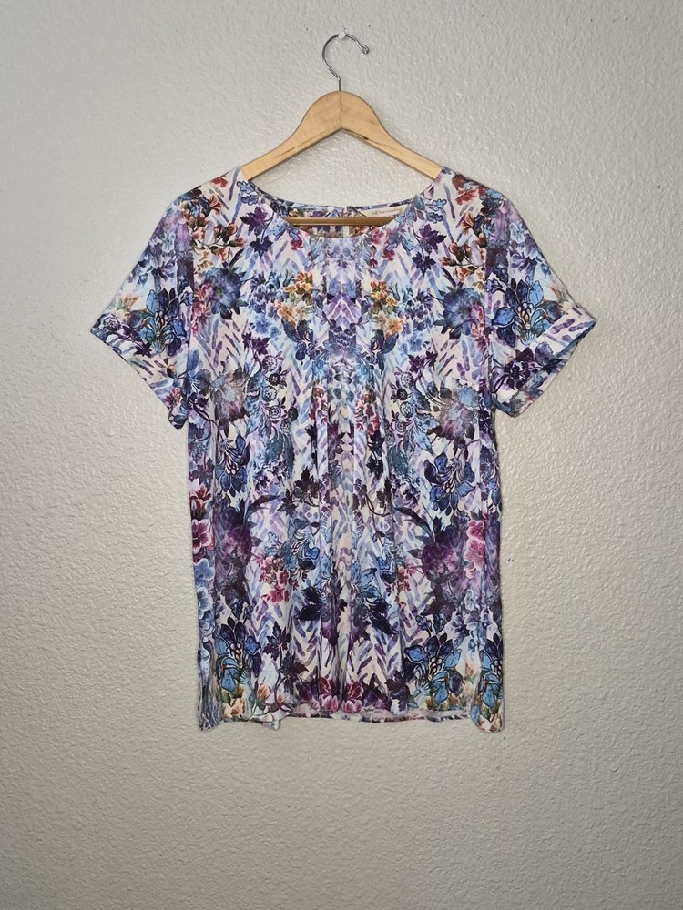 Women's Soft Surroundings Purple Blue Pleater Short Sleeve Flowy Blouse Top Med