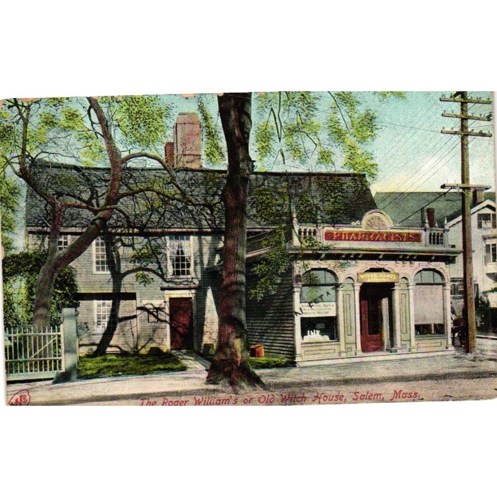 1908 Old Witch House Salem Mass Postcard Roger Williams Pharmacist Robbins Bros
