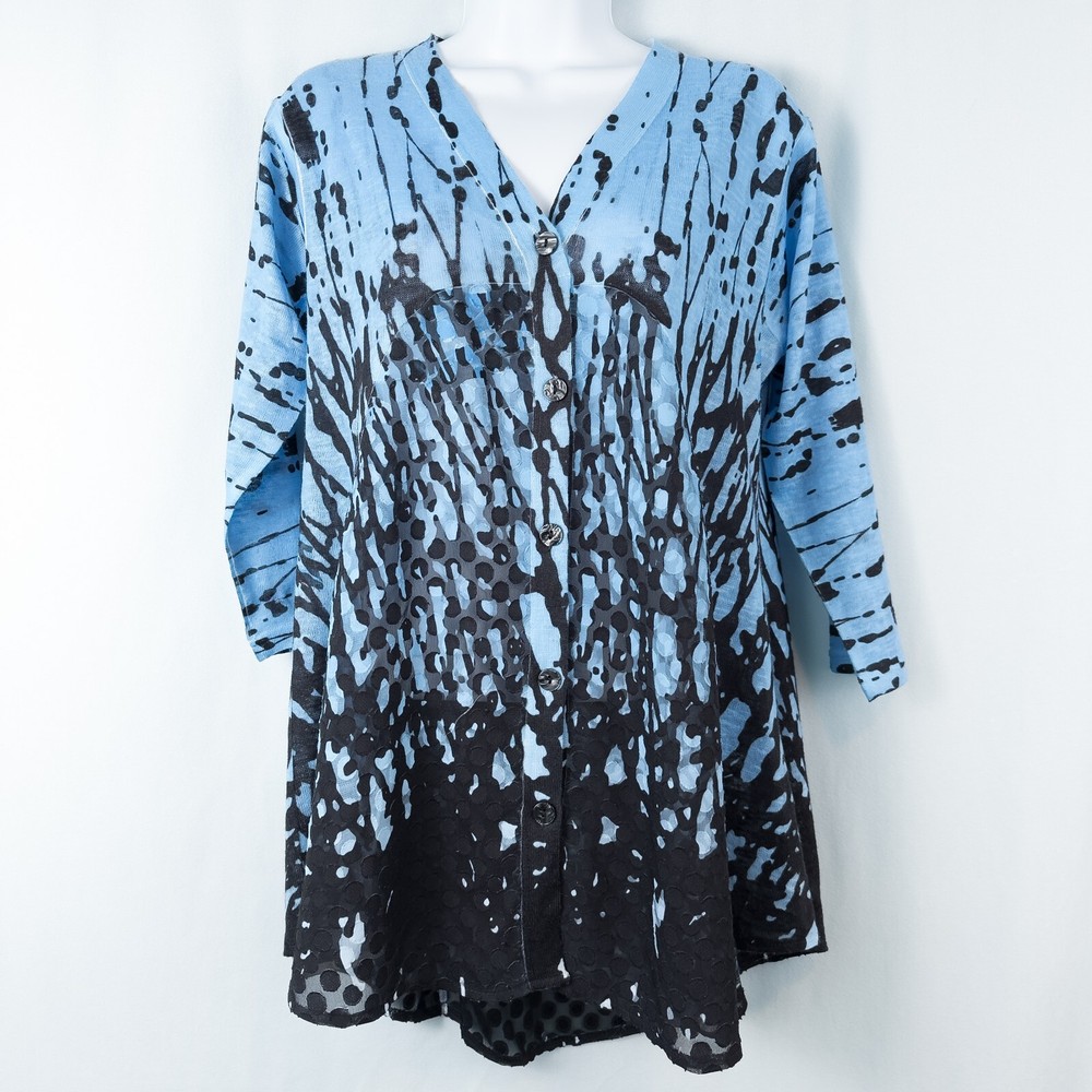 Cubism 3/4 Sleeve Button Front Tunic Top Womens Small Blue Black Sheer Artsy
