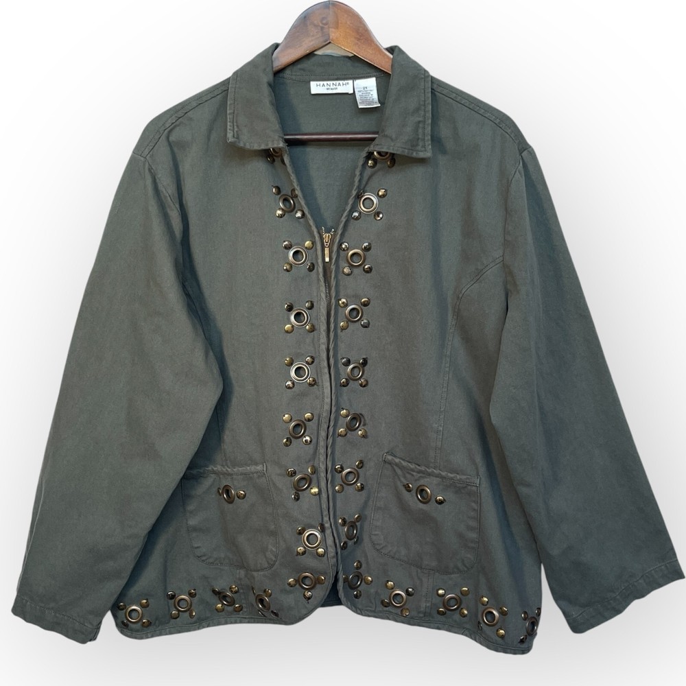 Hannah Military Jacket Women Size 2X Green Full Zip Pocket 100% Cotton