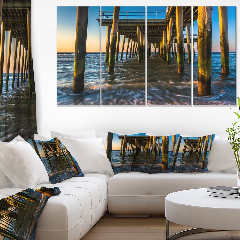 Fishing Pier and Waves at Atlantic Sea - Bridge Wall Art Blue 48 in. wide x 28 i