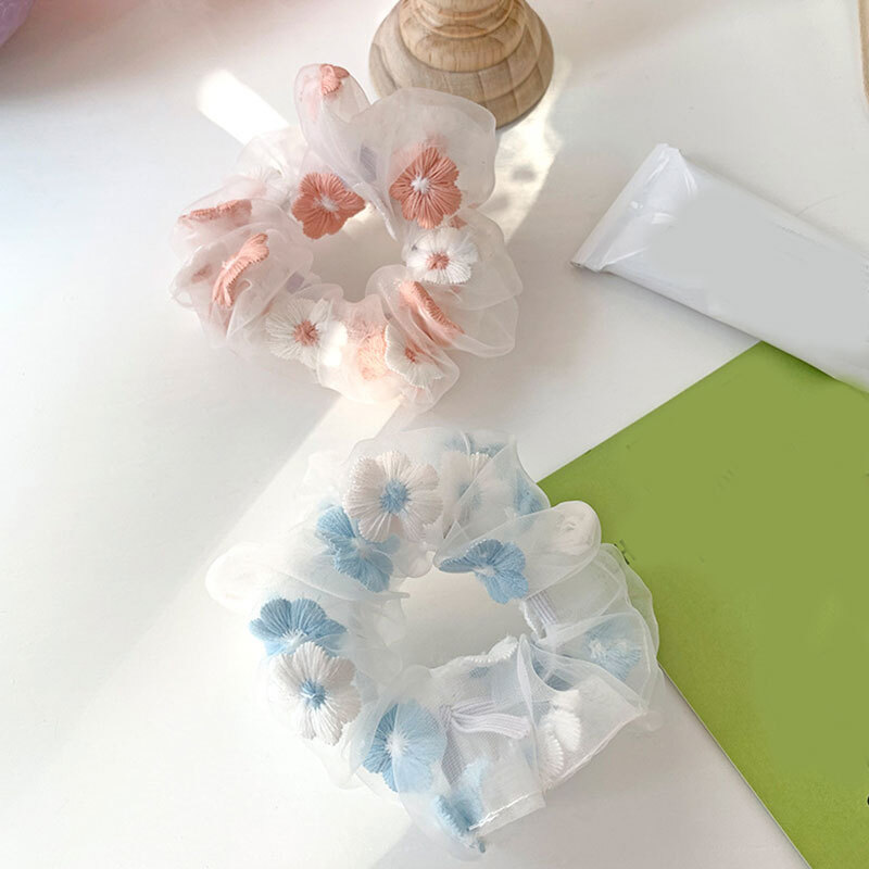 Mesh Scrunchies with Organza Embroidery Flowers Hair Rope Tie