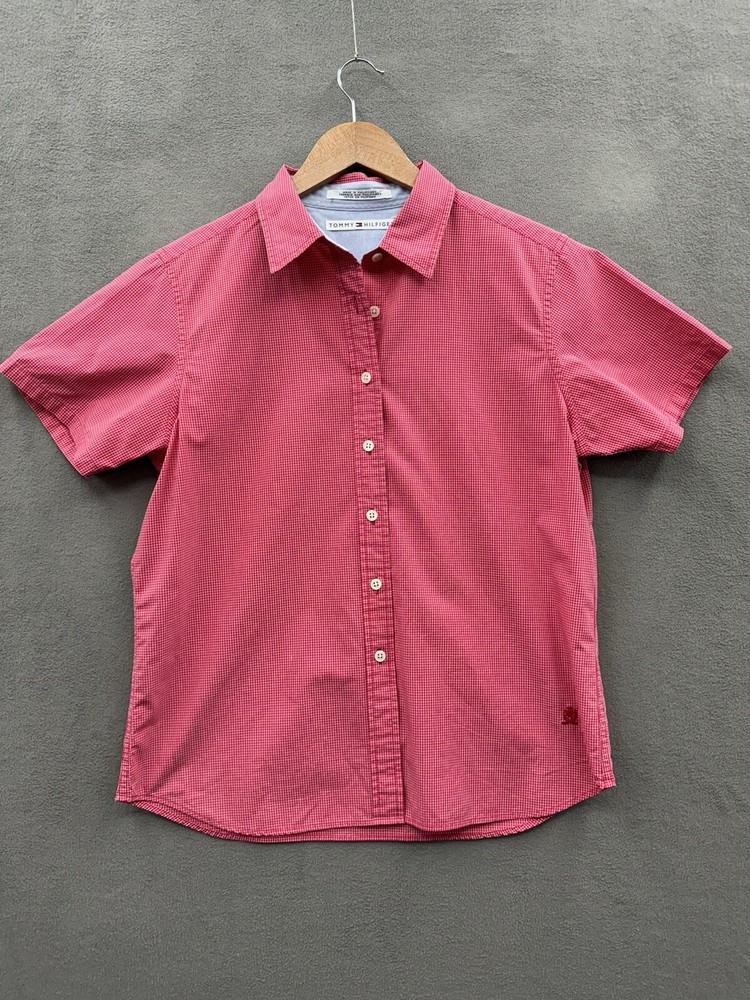Tommy Hilfiger Womens Red Check Short Sleeve Button-Up Collared Shirt Size 12