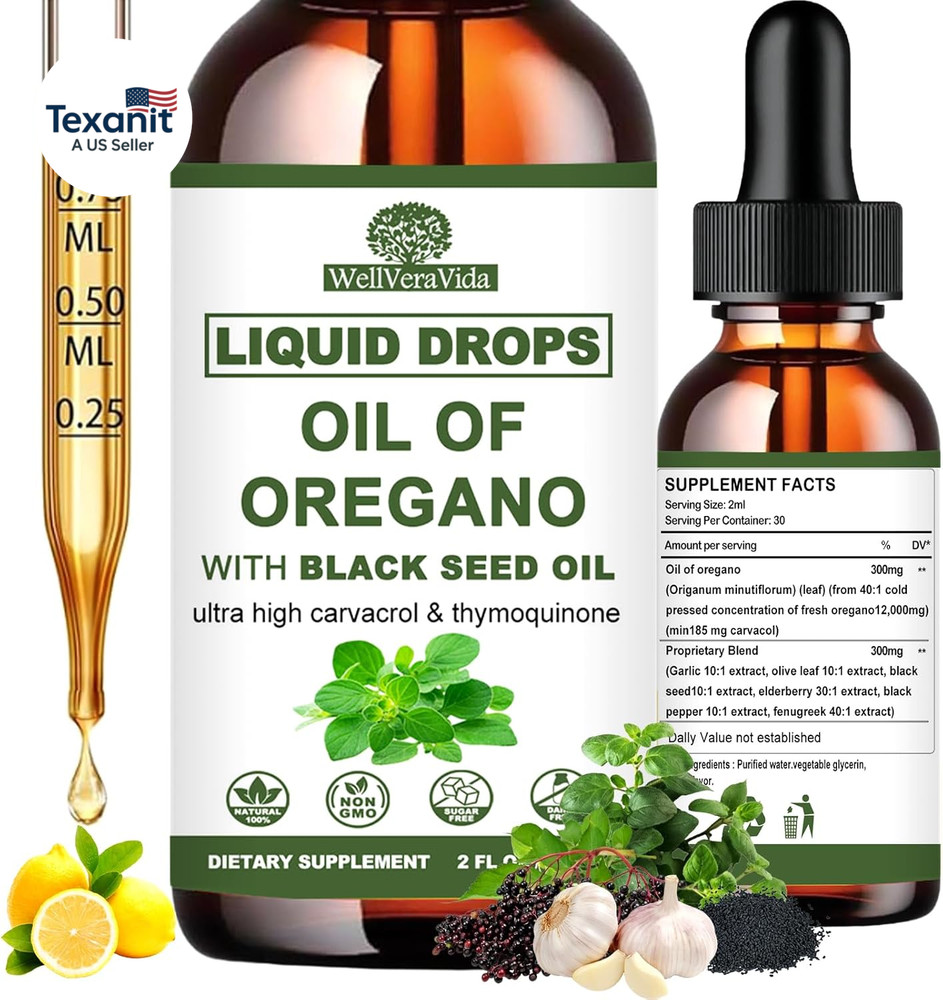 Oil of Oregano with Black Seed Oil, 7-In-1 Organic Oregano Oil Drops W/Garlic El