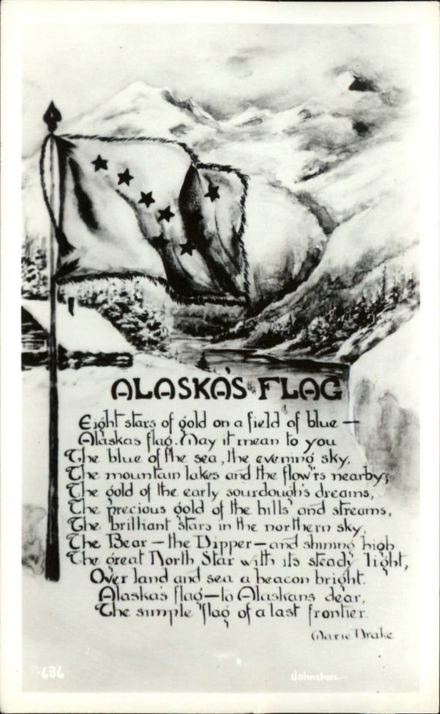 Alaska's Flag ~ Marie Drake poem ~ vintage RPPC real photo postcard