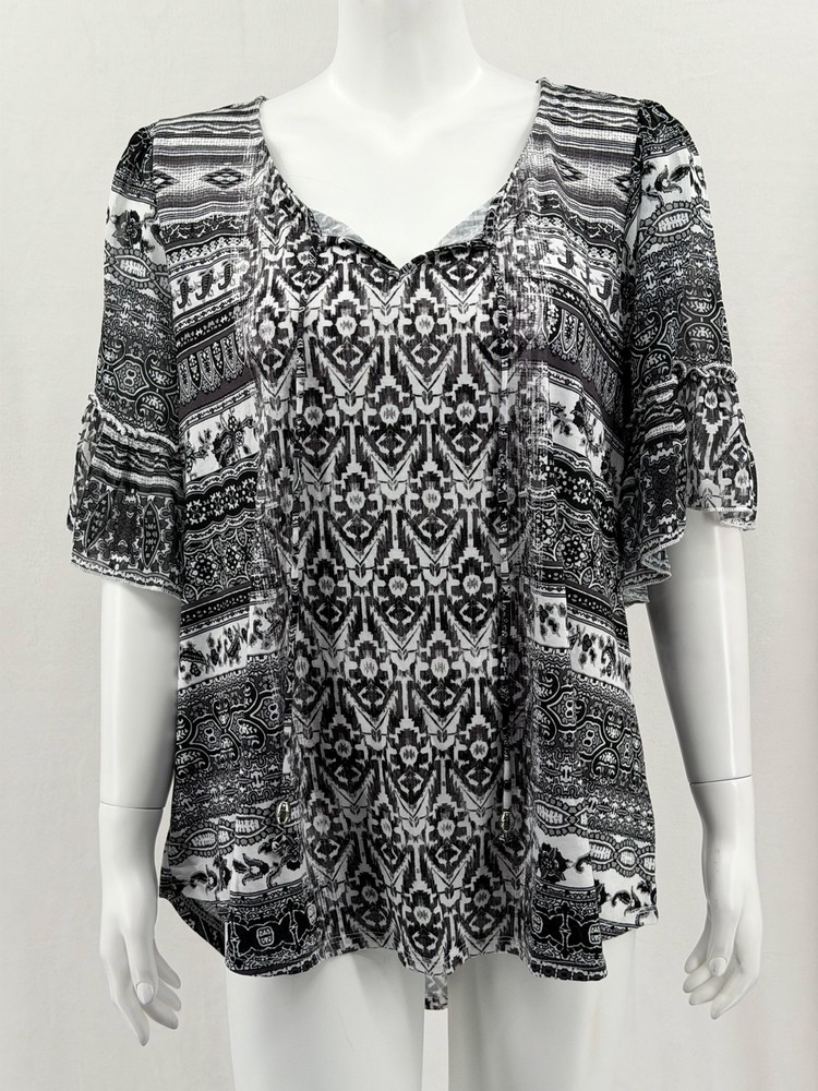 One World Top Womens 1X Black White Boho Half Bell Sleeves Stretch Peasant Hi Lo