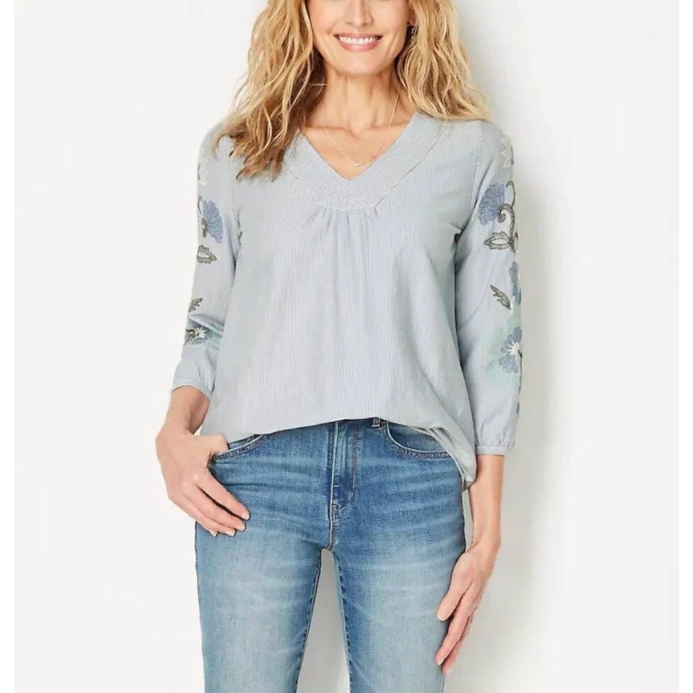J. Jill Embroidered Peasant Top Womens L Blue Boho Hippie Prairie Cottagecore