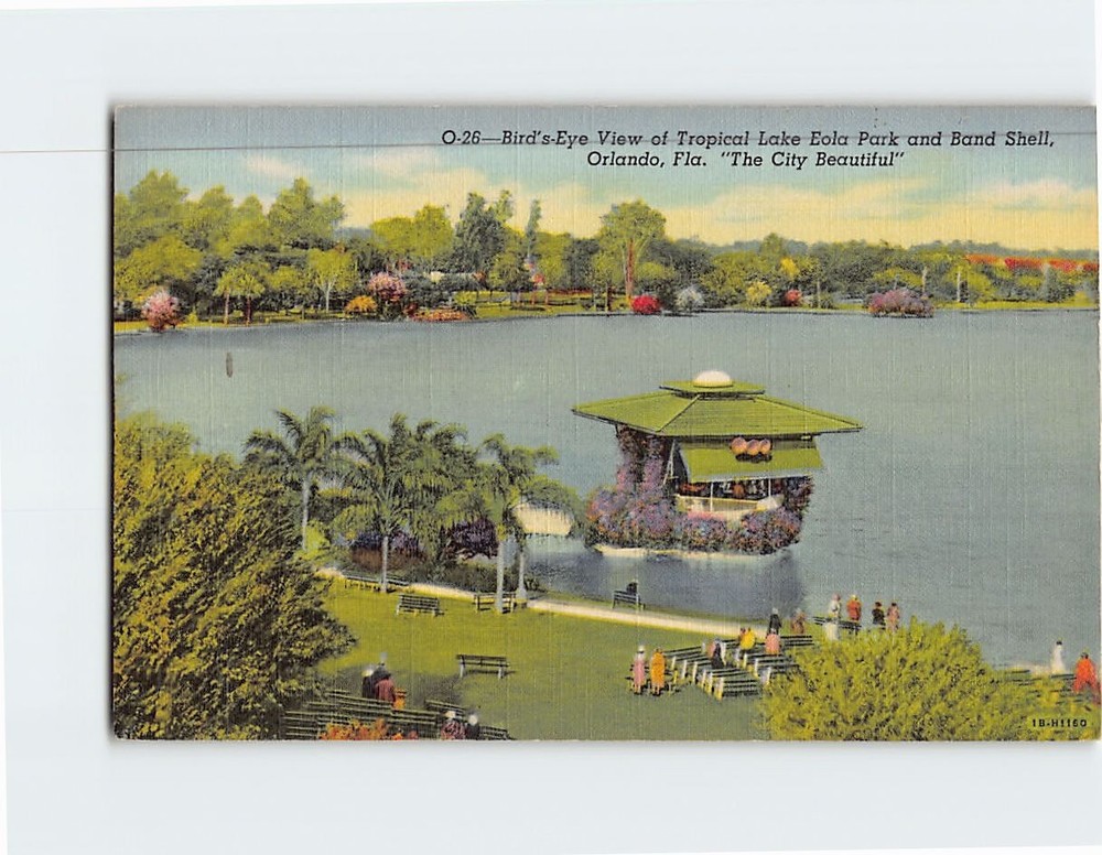 Postcard Bird's Eye View Tropical Lake Eola Park & Band Shell Orlando Florida