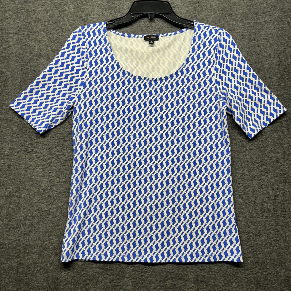 Talbots Women's Blue Geometric Print Short Sleeve Knit Top Size S