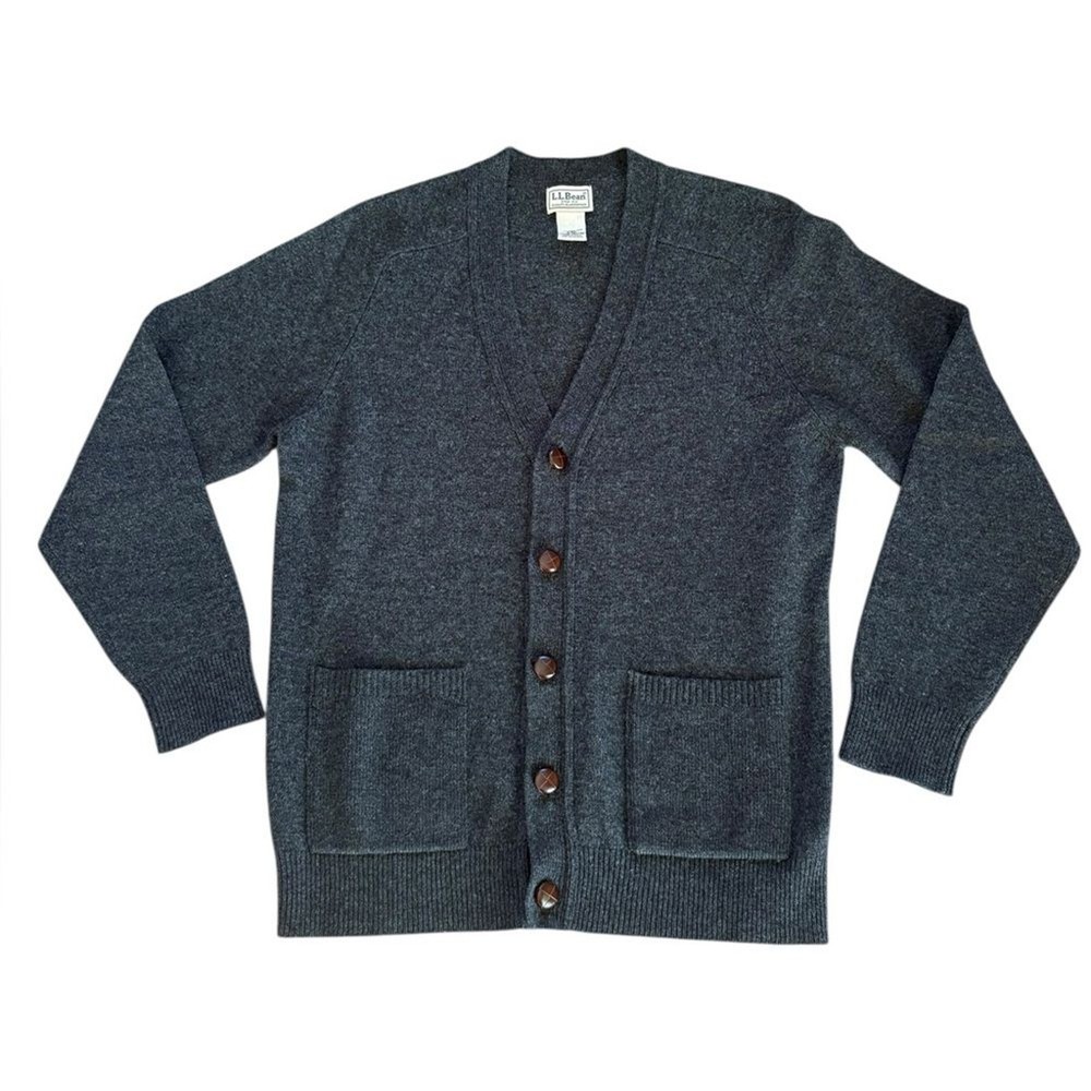 LL Bean Gray Cardigan Sweater Button Front Lambswool Grandpa Mens Size Small