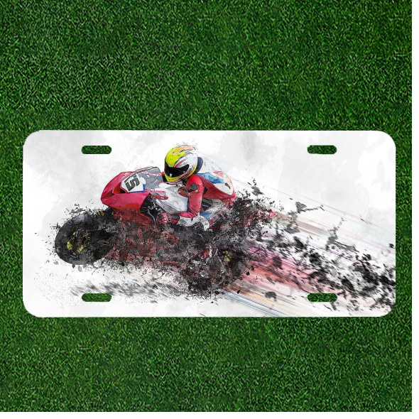 Custom Personalized License Plate Auto Tag With Motorcycle Person Going Fast