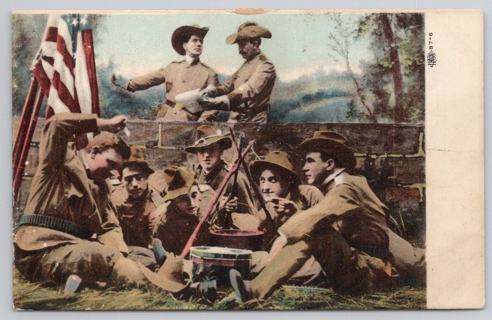 WWI Era US Soldiers Camp Scene American Flag Patriotic Postcard c. 1910s