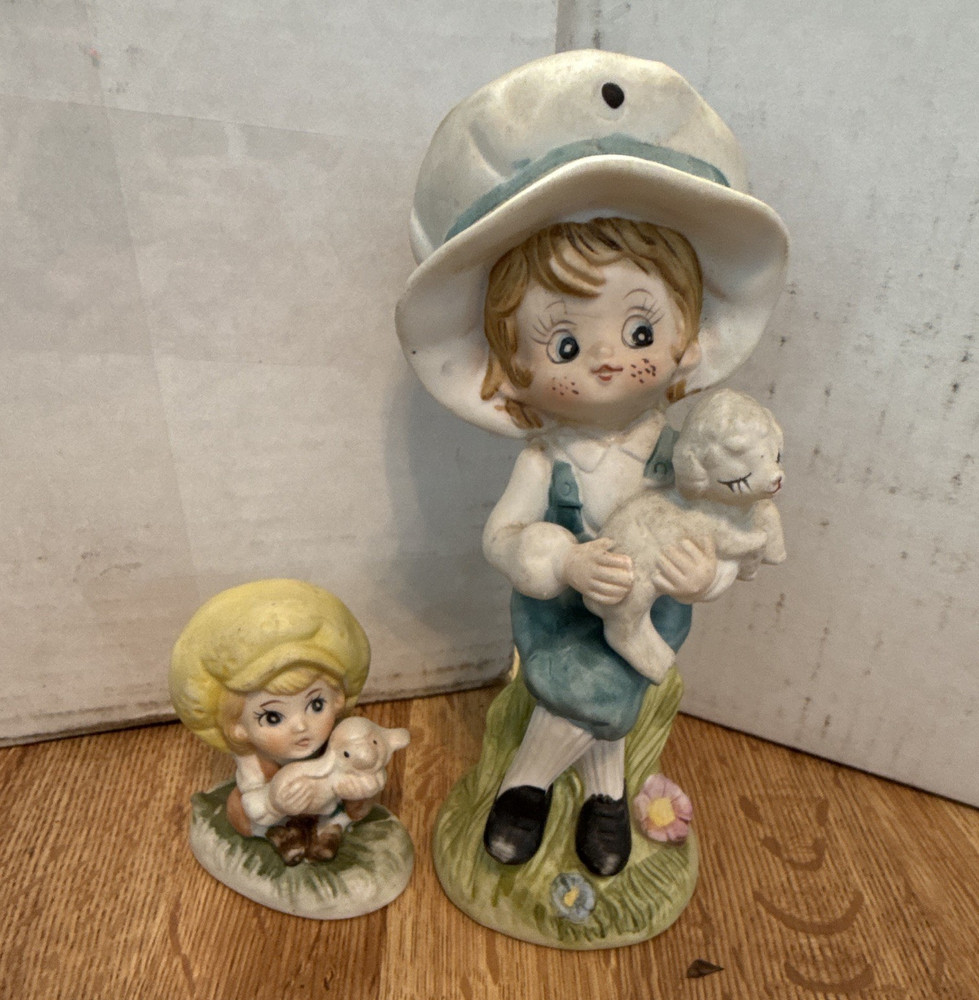 Ceramic Girl and Lamb Figurines 2-Pack Multicolor Hand Painted People Theme