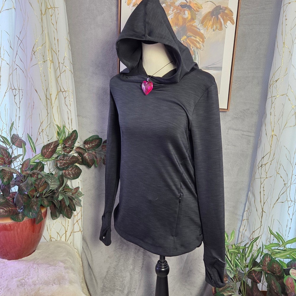 Athleta Black Heathered Hoodie Thumbholes Zipper Pocket Athletic Top XS