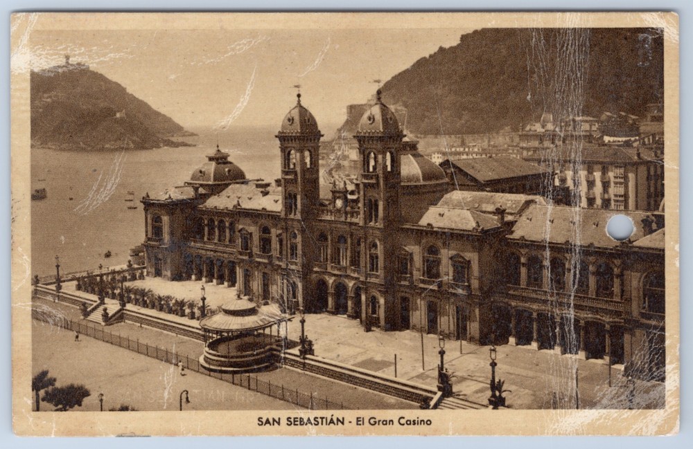 Spain San Sebastian El Gran Casino Hotel Regina Original Franco Stamps Postcard