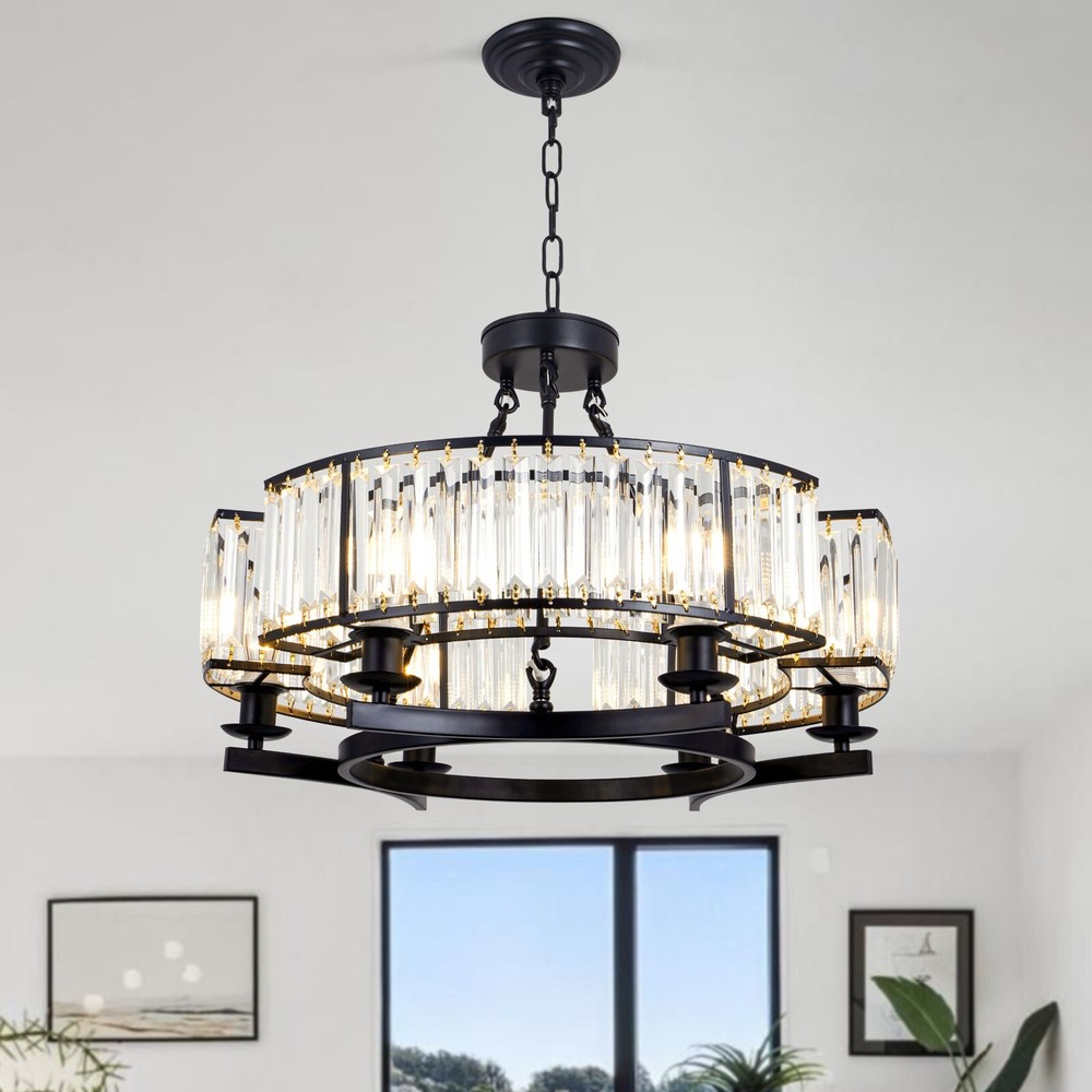 Antique Black Round Crystal Chandelier Modern 6-Light Pendant Ceiling Lamps