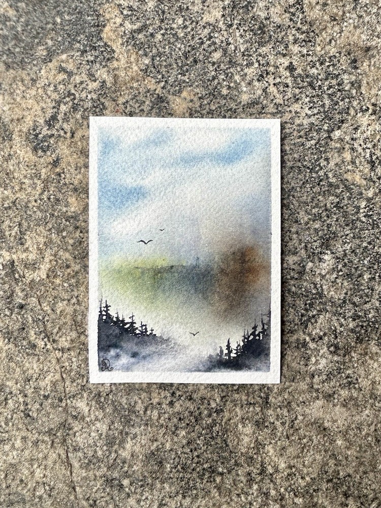 Misty Day 1-Original Watercolor ACEO Painting 2.5x3.5 ATC Card By Jenny Aleksi