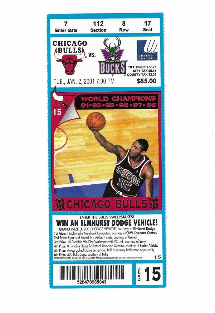 Chicago Bulls vs Milwaukee Bucks Unused Basketball Ticket from 1/2/2001