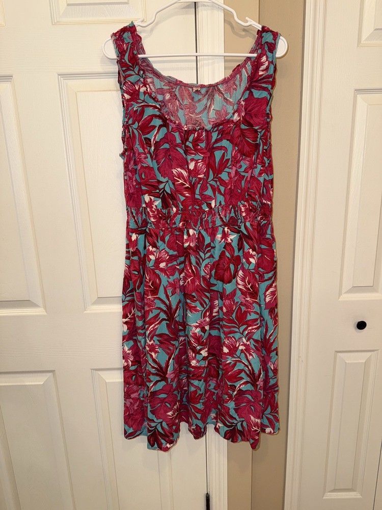 Agnes Orinda Sleeveless Dress Plus Size 1X Turquoise Multi Floral Pockets EUC