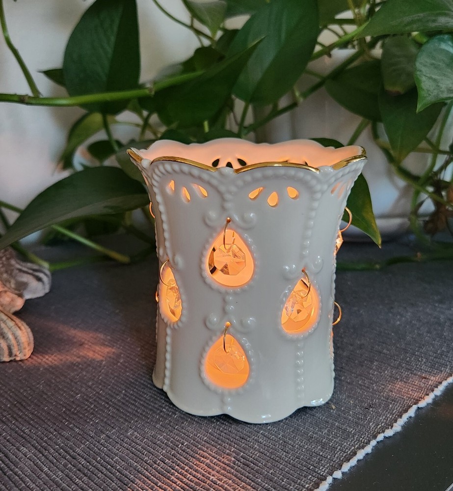 Lenox Porcelain Votive Holder with Cut-Outs and Hanging Crystals 4 Inch
