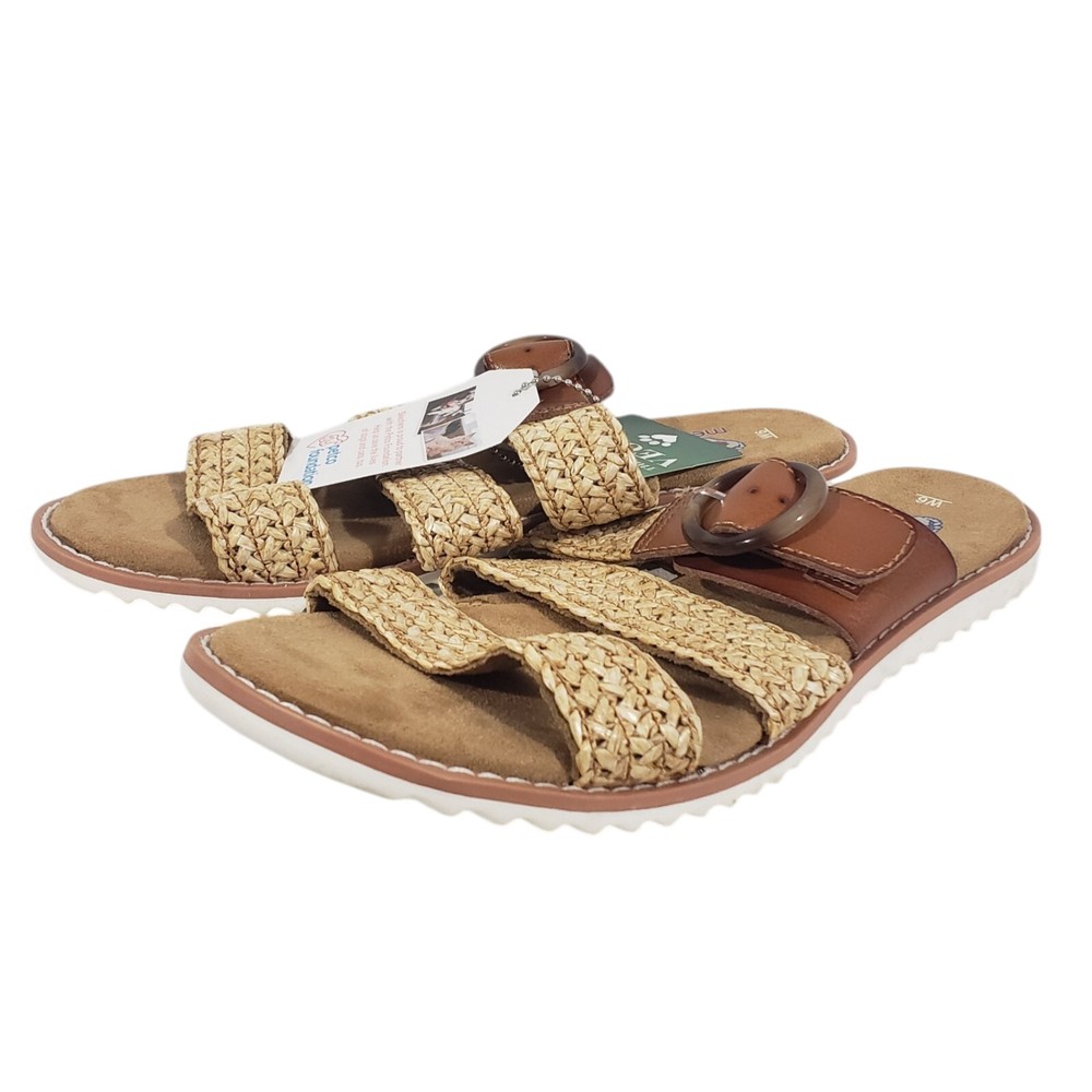 BOBS From SKECHERS Womens Tan Slip On Sandals Size 6 Buckle Straps Beach Casual