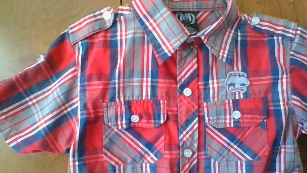 American Hero Shirt Boys Sz 7 Red Plaid Short Slv 2-Pocket Collared ButtonUp